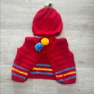 Red Knitted Baby Set with Pom-Poms